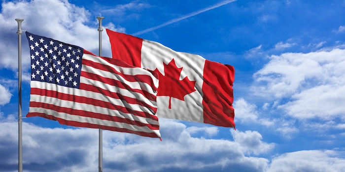 The American flag and the Canadian flag blowing next to each other in the wind on flag poles