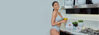Jessica Wright with Simone Thomas Wellness supplements and a healthy drink